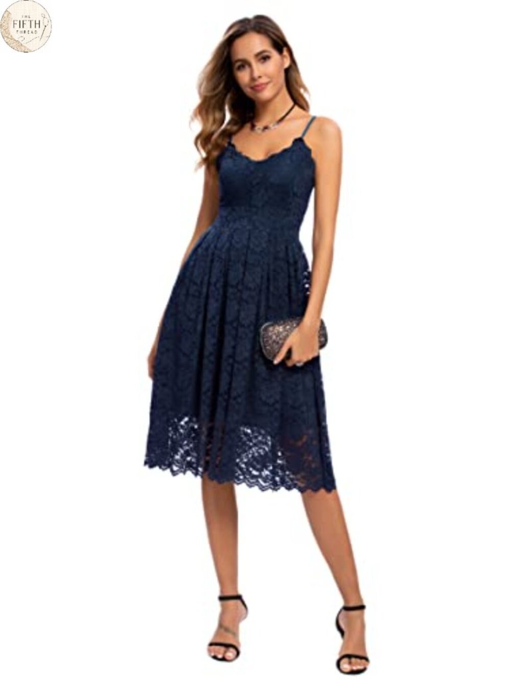 Womens Sleeveless V Neck Lace A Line Cocktail Dress Adjustable Spaghetti Strap